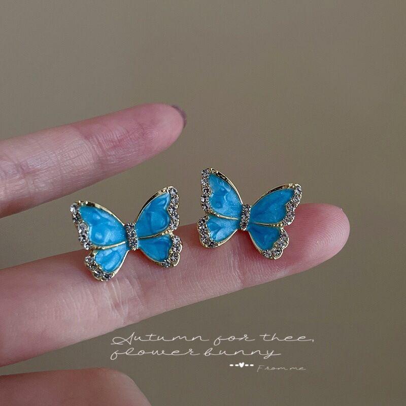 jinran 2024 New Streamer Blue White Butterfly Stud Earrings