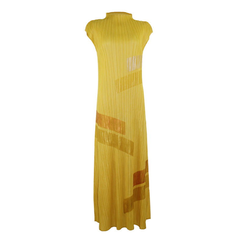 Original new product hand-painted pleated dress 2025 summer new women's temperament round neck sleeveless long dress clothing