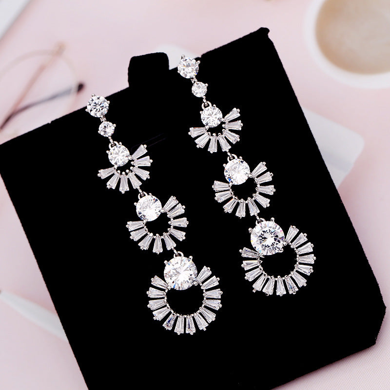2025 Cross-border Korean earrings for women light luxury colored zirconium retro 925 silver earrings round face slim long geometric fan-shaped earrings