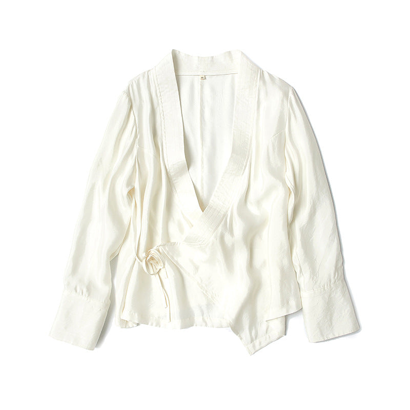 2025 Mountain Free, Hanfu Collar, Shirt Girl, Copper Ammonia Silk Slim Literary Shirt, Chunliang 90317C Elegant