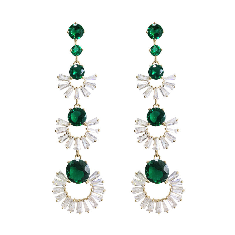 2025 Cross-border Korean earrings for women light luxury colored zirconium retro 925 silver earrings round face slim long geometric fan-shaped earrings