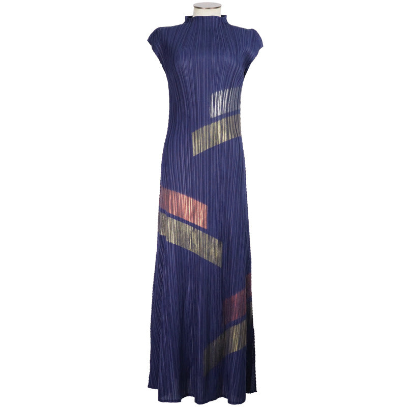 Original new product hand-painted pleated dress 2025 summer new women's temperament round neck sleeveless long dress clothing