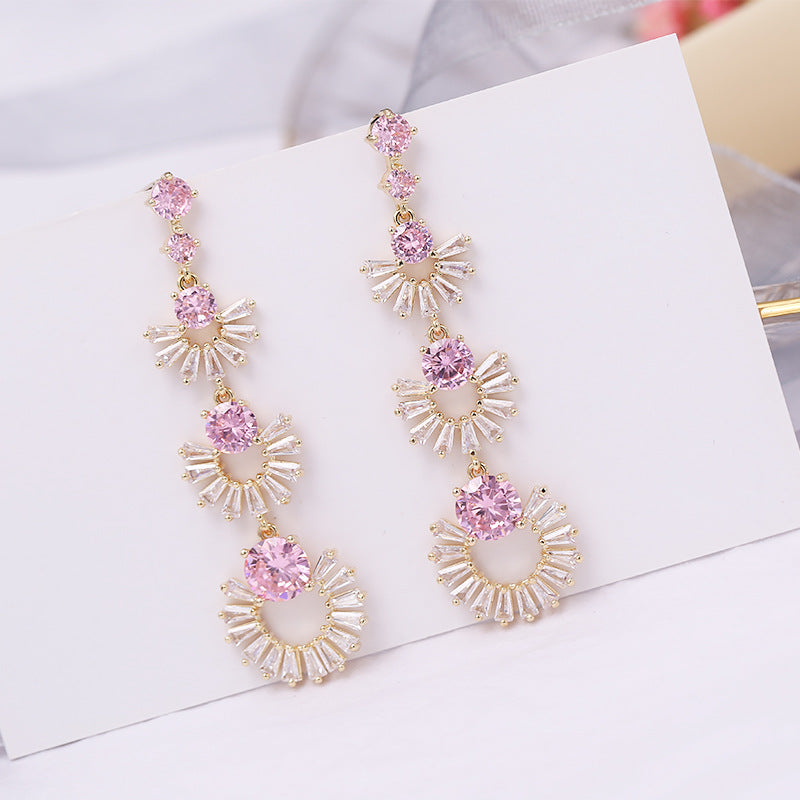2025 Cross-border Korean earrings for women light luxury colored zirconium retro 925 silver earrings round face slim long geometric fan-shaped earrings