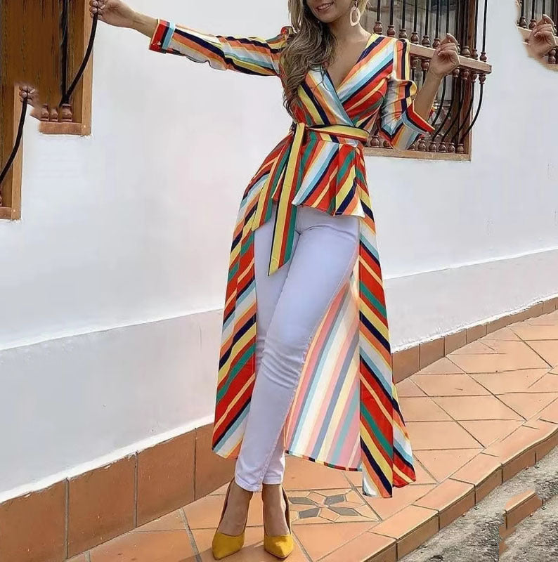 2025 autumn 2025 rainbow striped dress wish deep V slim independent station front short rear long coat