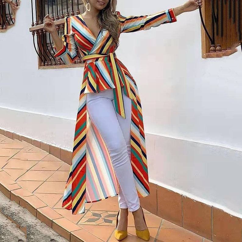 2025 autumn 2025 rainbow striped dress wish deep V slim independent station front short rear long coat