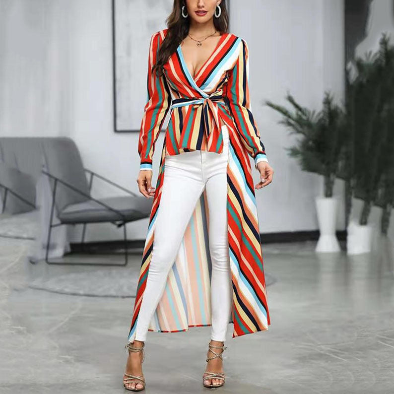 2025 autumn 2025 rainbow striped dress wish deep V slim independent station front short rear long coat