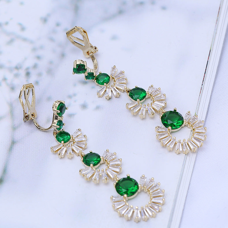 2025 Cross-border Korean earrings for women light luxury colored zirconium retro 925 silver earrings round face slim long geometric fan-shaped earrings