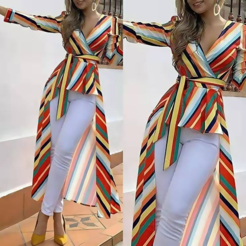 2025 autumn 2025 rainbow striped dress wish deep V slim independent station front short rear long coat