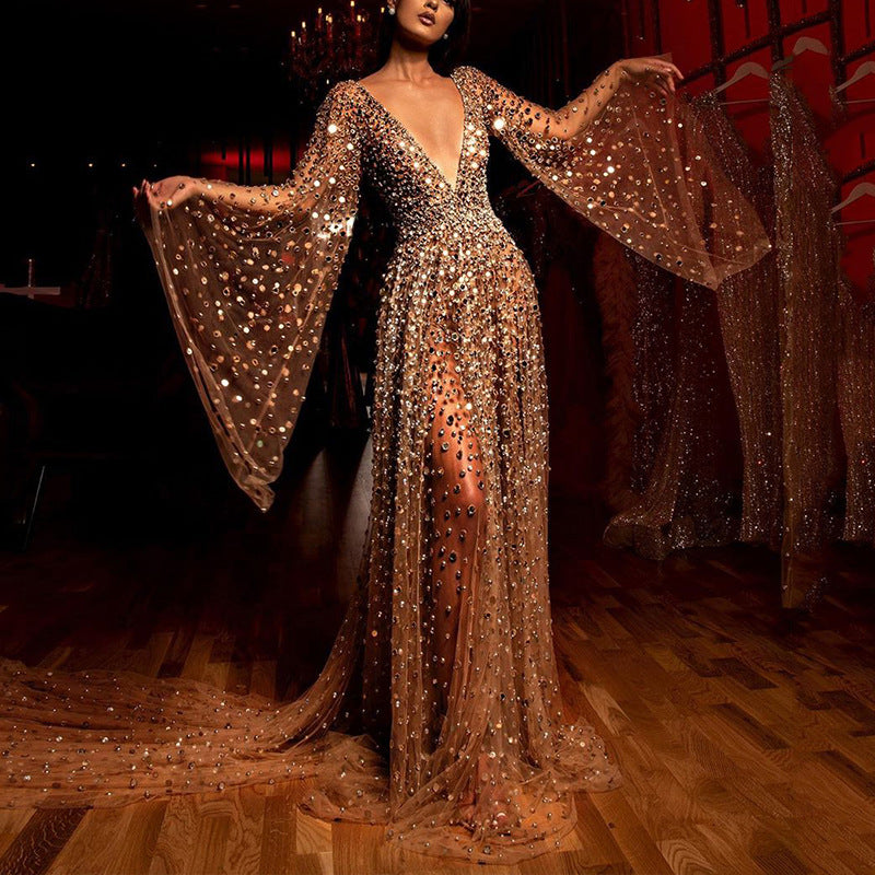 2025 spring and summer New, 2025 women's clothing new dress long-sleeved deep V long dress perspective sprinkling gold dress