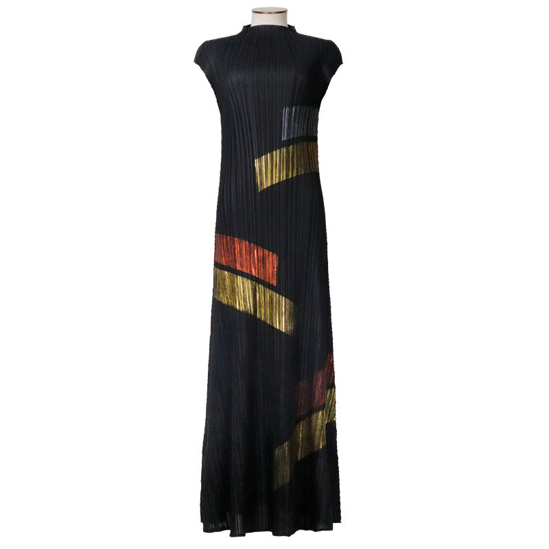 Original new product hand-painted pleated dress 2025 summer new women's temperament round neck sleeveless long dress clothing