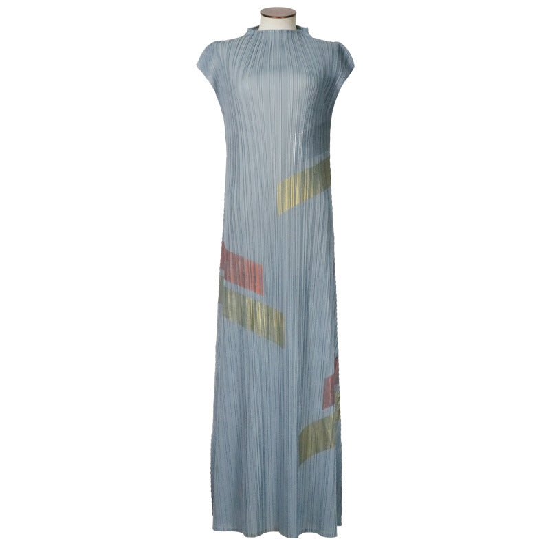 Original new product hand-painted pleated dress 2025 summer new women's temperament round neck sleeveless long dress clothing