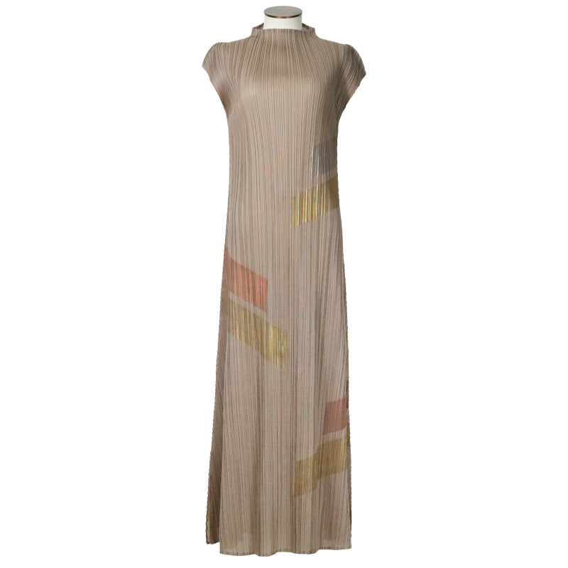 Original new product hand-painted pleated dress 2025 summer new women's temperament round neck sleeveless long dress clothing