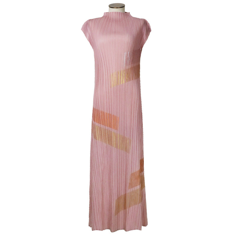 Original new product hand-painted pleated dress 2025 summer new women's temperament round neck sleeveless long dress clothing