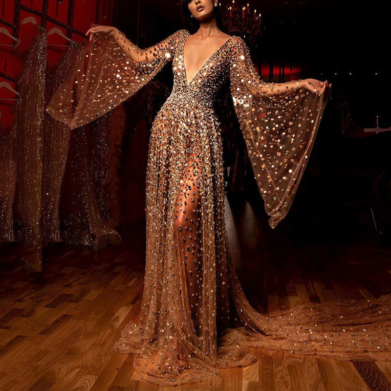 2025 spring and summer New, 2025 women's clothing new dress long-sleeved deep V long dress perspective sprinkling gold dress