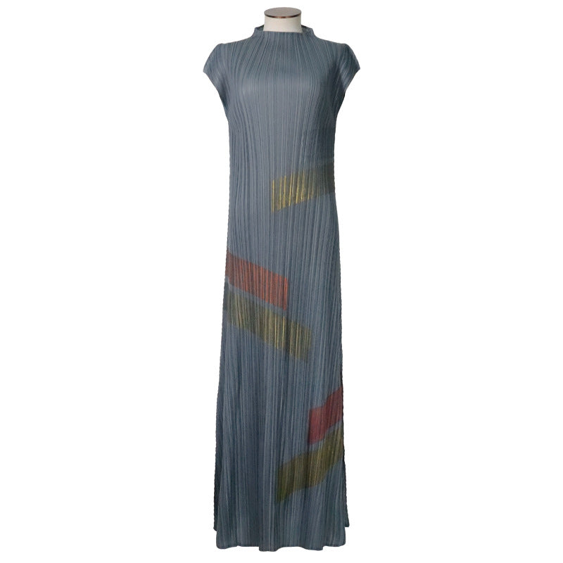 Original new product hand-painted pleated dress 2025 summer new women's temperament round neck sleeveless long dress clothing