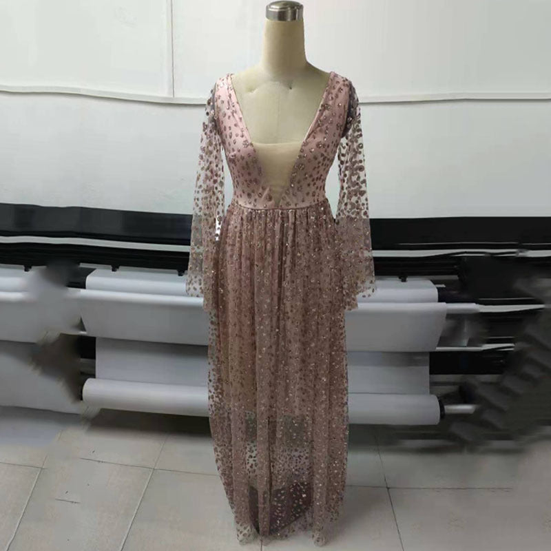 2025 spring and summer New, 2025 women's clothing new dress long-sleeved deep V long dress perspective sprinkling gold dress