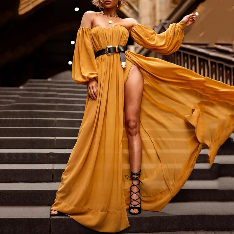 2025 2025 new fashion tube top one-word collar long sleeve pleated color elastic waist split fork women's clothing sexy dress women