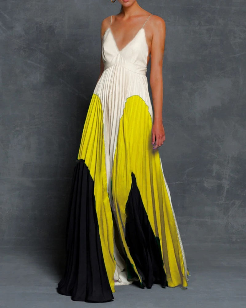 2025 New summer 2025 women's clothing wish digital printing slim and thin long color matching pleated suspender dress