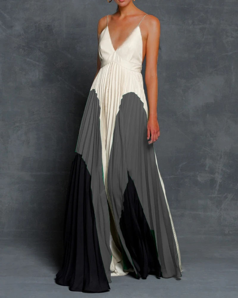 2025 New summer 2025 women's clothing wish digital printing slim and thin long color matching pleated suspender dress