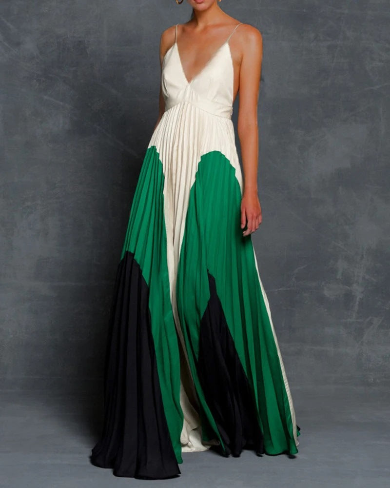 2025 New summer 2025 women's clothing wish digital printing slim and thin long color matching pleated suspender dress