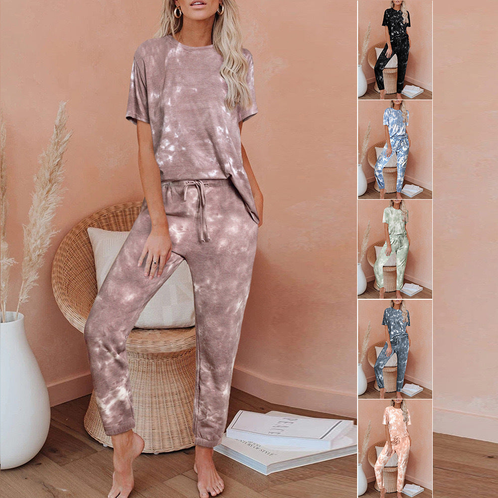 2025 spring and summer new loungewear printed two-piece set women's summer short-sleeved trousers home set