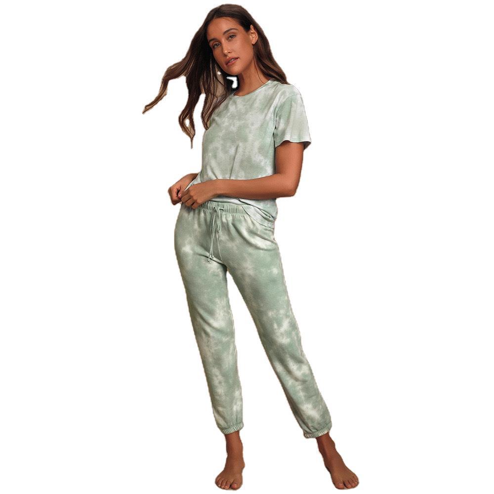 2025 spring and summer new loungewear printed two-piece set women's summer short-sleeved trousers home set