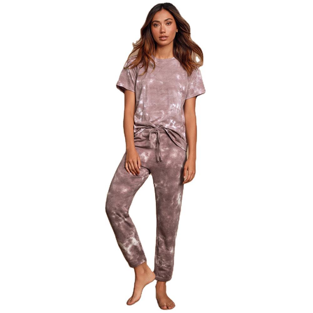 2025 spring and summer new loungewear printed two-piece set women's summer short-sleeved trousers home set