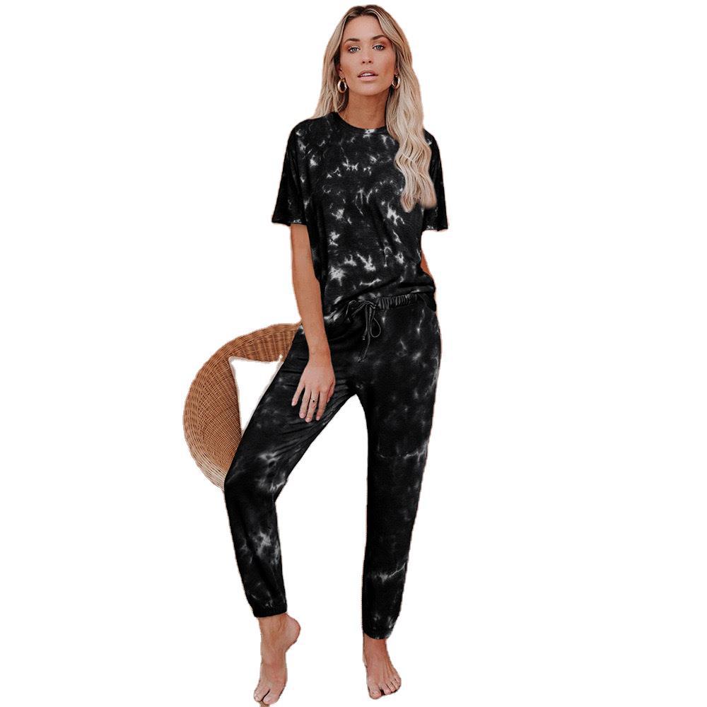 2025 spring and summer new loungewear printed two-piece set women's summer short-sleeved trousers home set