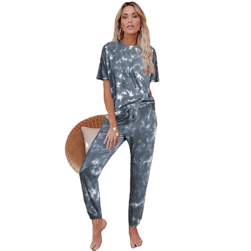 2025 spring and summer new loungewear printed two-piece set women's summer short-sleeved trousers home set