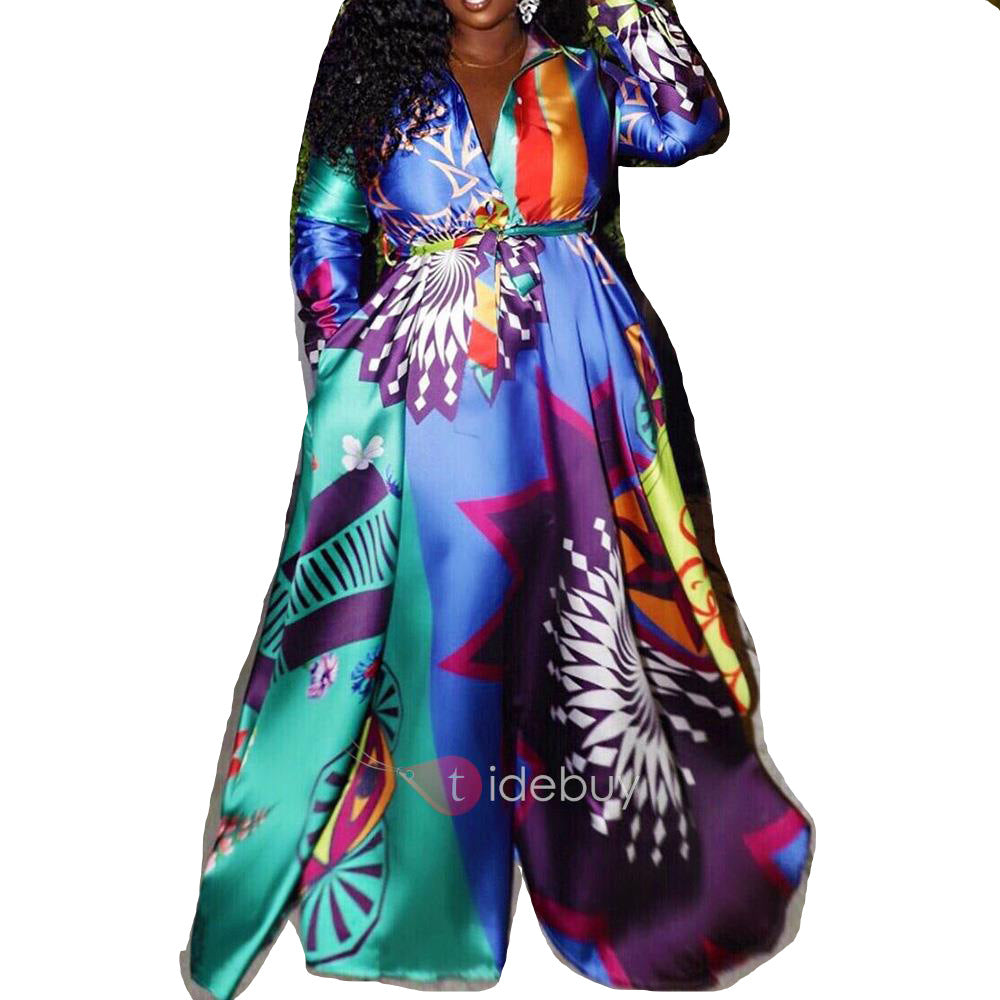 2025 winter, large size Popularan, 2025n and Popular trade digital printing contrasting color dress, large pendulum long dress including belt