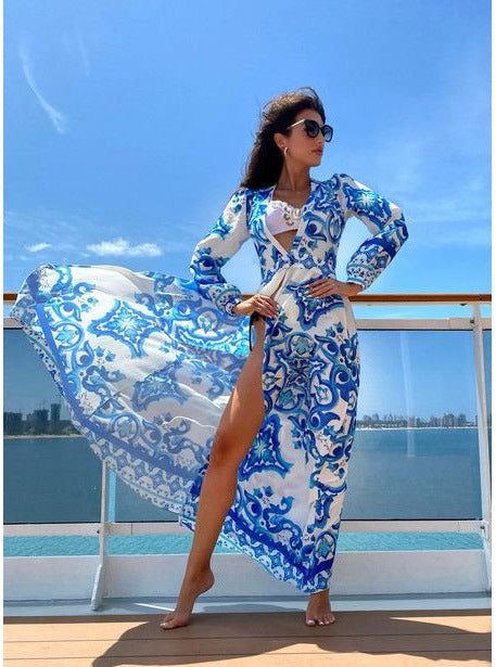 2025 summer new suspender dress bohemian dress digital printing V-neck sleeveless dress
