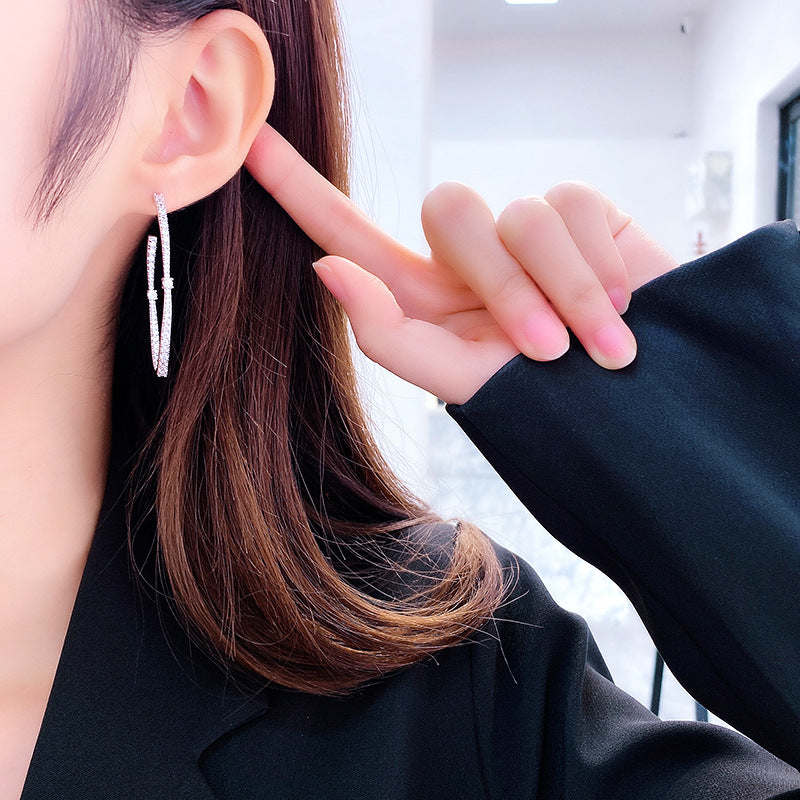 2025 Korean personality fashion tassel exaggerated micro-inlaid zircon 925 silver needle hoop earrings female geometric oval earrings