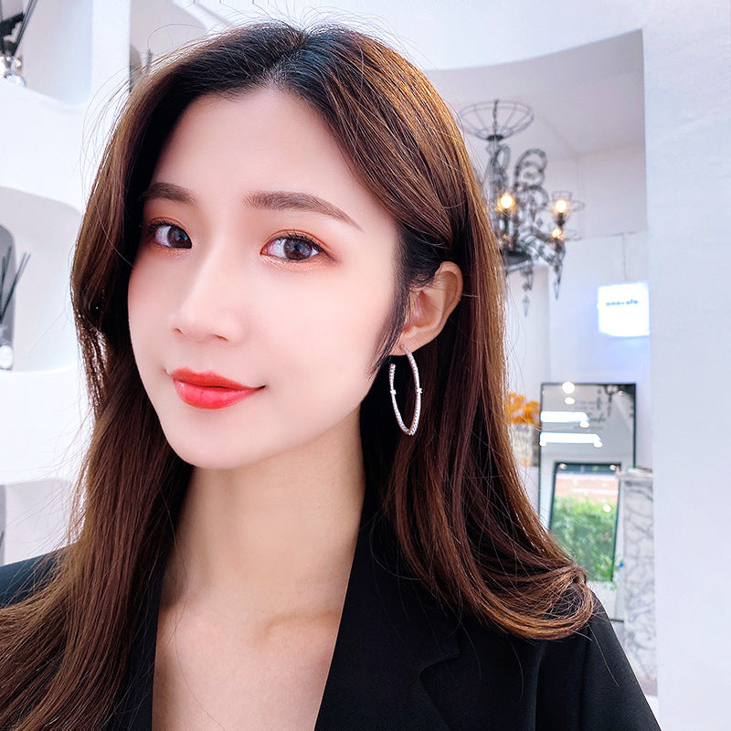 2025 Korean personality fashion tassel exaggerated micro-inlaid zircon 925 silver needle hoop earrings female geometric oval earrings