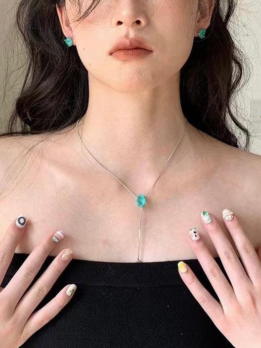 jinran 2024 New Premium Green Semi-Precious Stone Adjustable Necklace Earrings