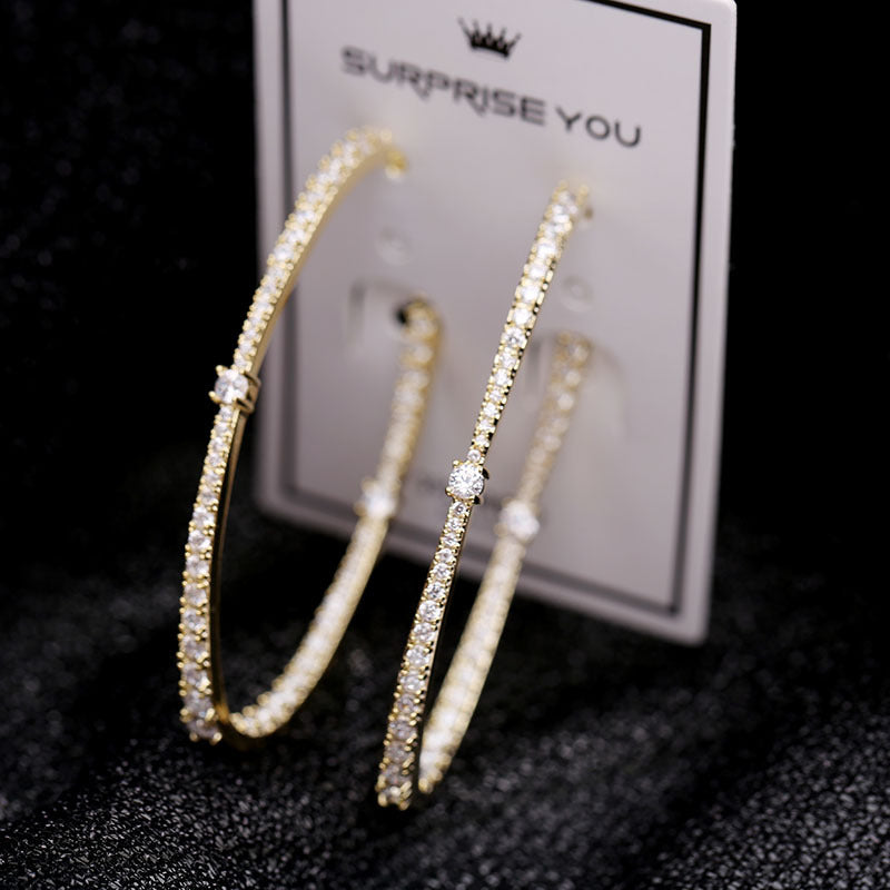 2025 Korean personality fashion tassel exaggerated micro-inlaid zircon 925 silver needle hoop earrings female geometric oval earrings