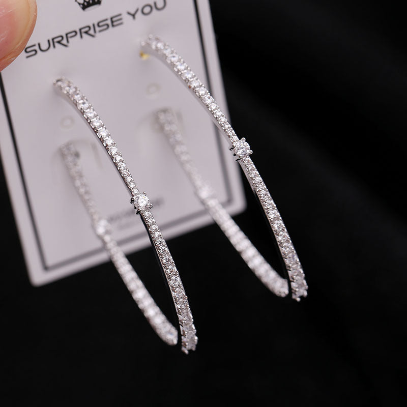 2025 Korean personality fashion tassel exaggerated micro-inlaid zircon 925 silver needle hoop earrings female geometric oval earrings