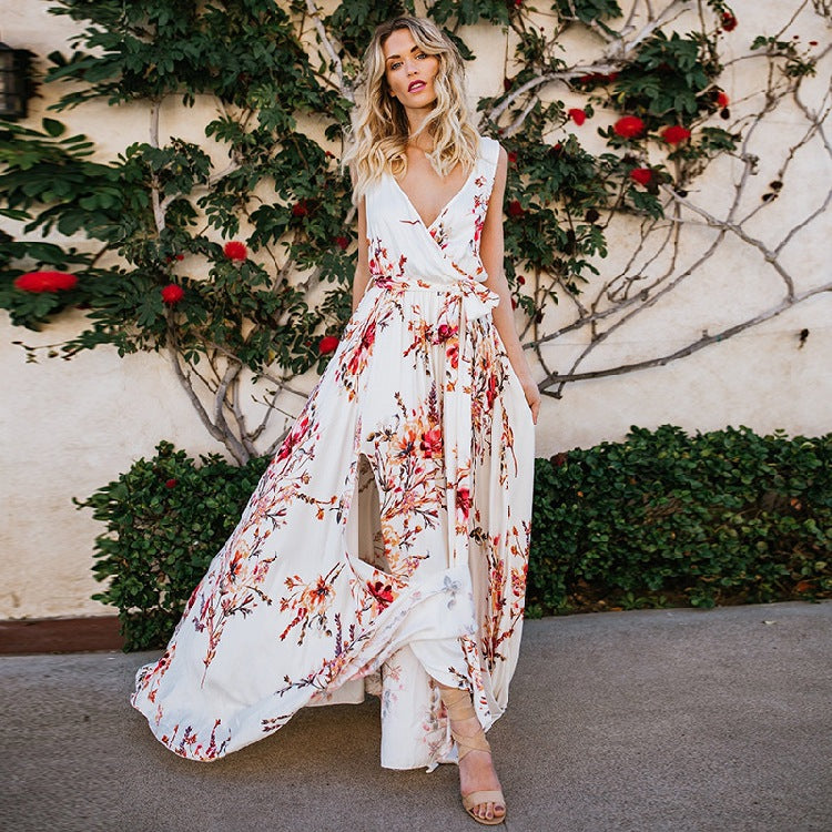 2025 New summer new 2025 women's clothing V-neck printed pendulum dress, sexy slim-fitting split-ended long dress