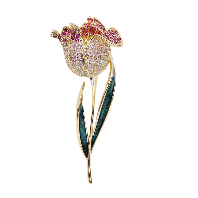 2025 Korean light luxury temperament women's coat pin accessories elegant oil drop brooch color clothing zircon tulip