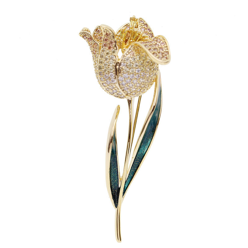 2025 Korean light luxury temperament women's coat pin accessories elegant oil drop brooch color clothing zircon tulip