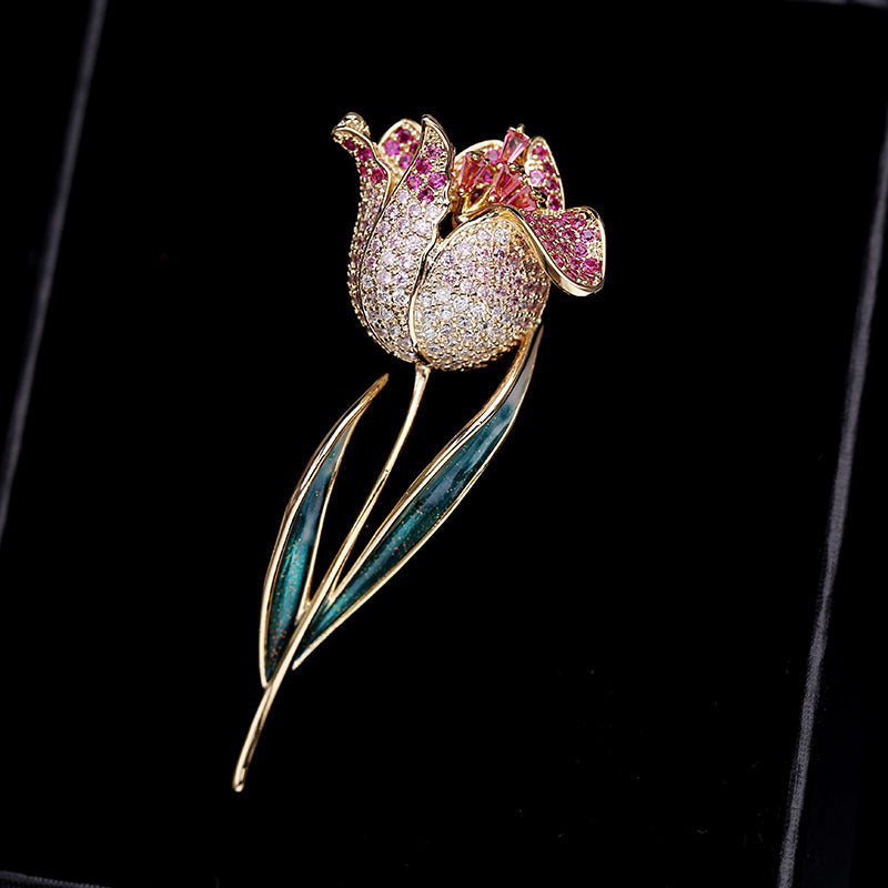 2025 Korean light luxury temperament women's coat pin accessories elegant oil drop brooch color clothing zircon tulip