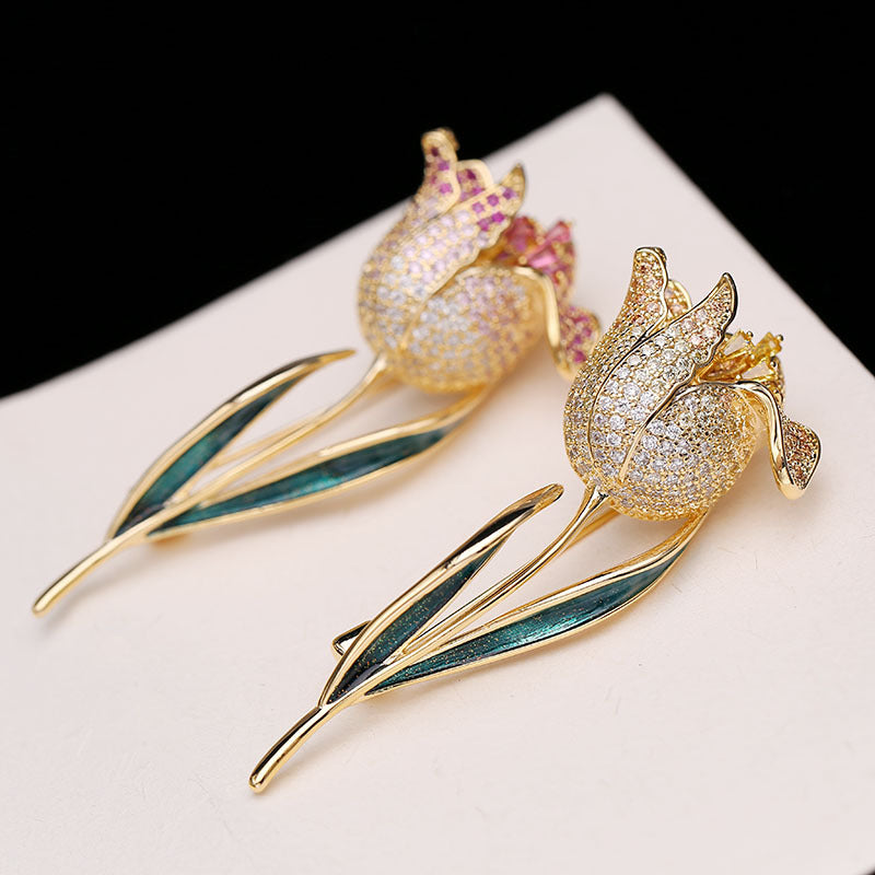 2025 Korean light luxury temperament women's coat pin accessories elegant oil drop brooch color clothing zircon tulip