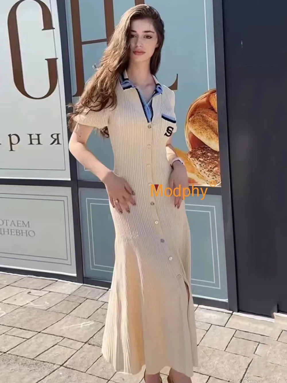 jinran 2024 Elegant Slim Knitted Long Dress Women's Letter Single Breasted Long Sleeved Designer Vintage Dresses Autumn