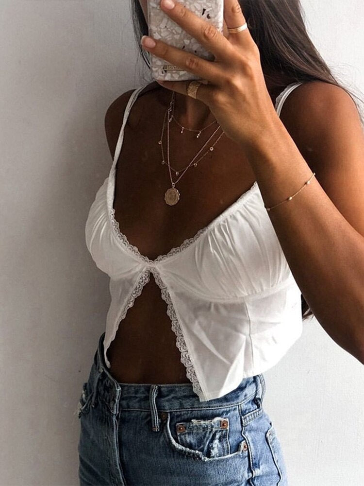 jinran White Lace up Front Split Camis Crop Tops Women V-Neck Sleeveless Backless Summer Vacation Short Cropped Top Ruched