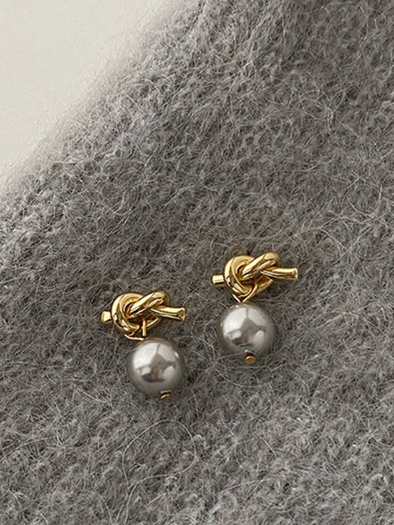jinran 2024 New Retro Knotted Metal Gray Pearl Stud Earring