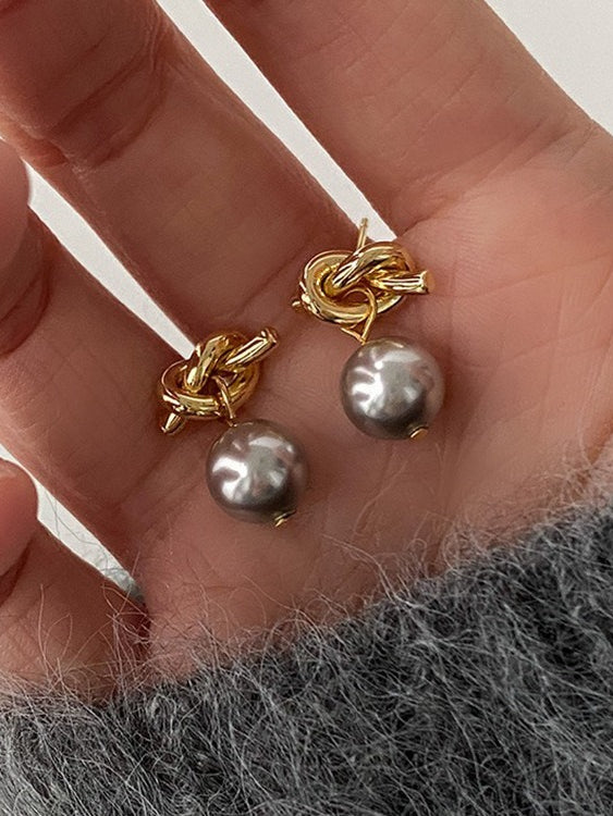 jinran 2024 New Retro Knotted Metal Gray Pearl Stud Earring