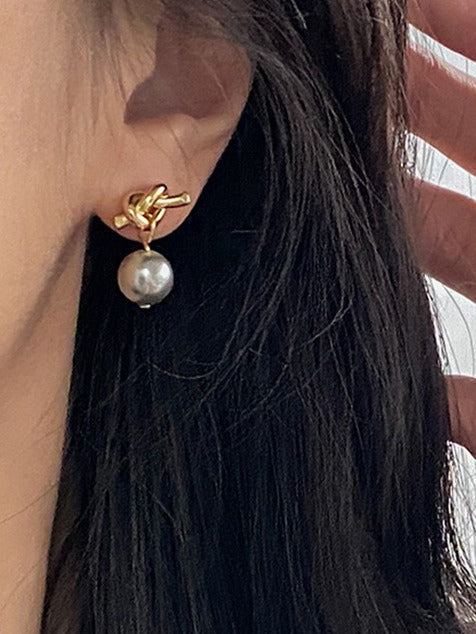 jinran 2024 New Retro Knotted Metal Gray Pearl Stud Earring