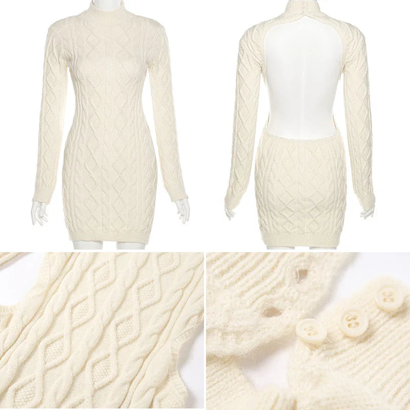 jinran Backless knitted Dress Long Sleeve Women Autumn Knitwear Mini Dress Sexy High Street Slim Bodycon Dresses 2024