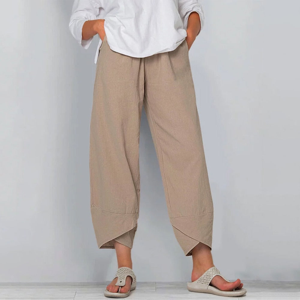 jinran Vintage Printed Harem Pants Women Trousers Casual Elastic Waist Cotton Linen Wide Leg Pants Loose Pantalon Summer Plus Size Pant