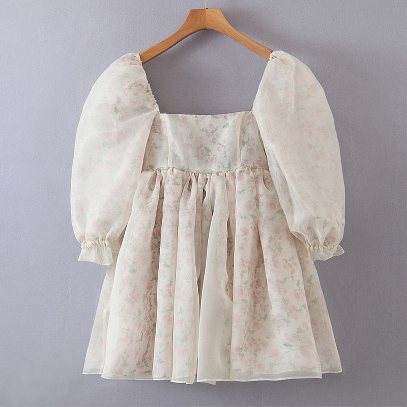 jinran Summer Women Both-Sides Wear Floral Print Chiffon Organza Dress Sexy Square Neck Puff Sleeve Holiday Party Dress Short Vestido
