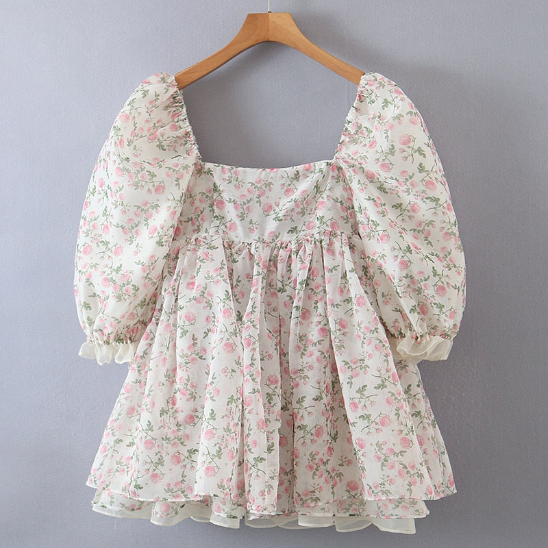 jinran Summer Women Both-Sides Wear Floral Print Chiffon Organza Dress Sexy Square Neck Puff Sleeve Holiday Party Dress Short Vestido